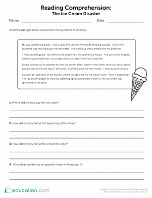 Third Grade Writing Worksheet Beautiful Reading Prehension the Ice Cream Disaster