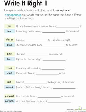 Third Grade Writing Worksheet Unique Homophones Write It Right 1 Worksheet
