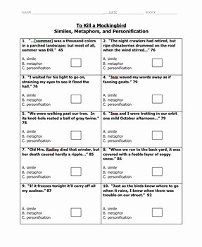 To Kill A Mockingbird Worksheet New Similes Metaphors and Personification From to Kill A