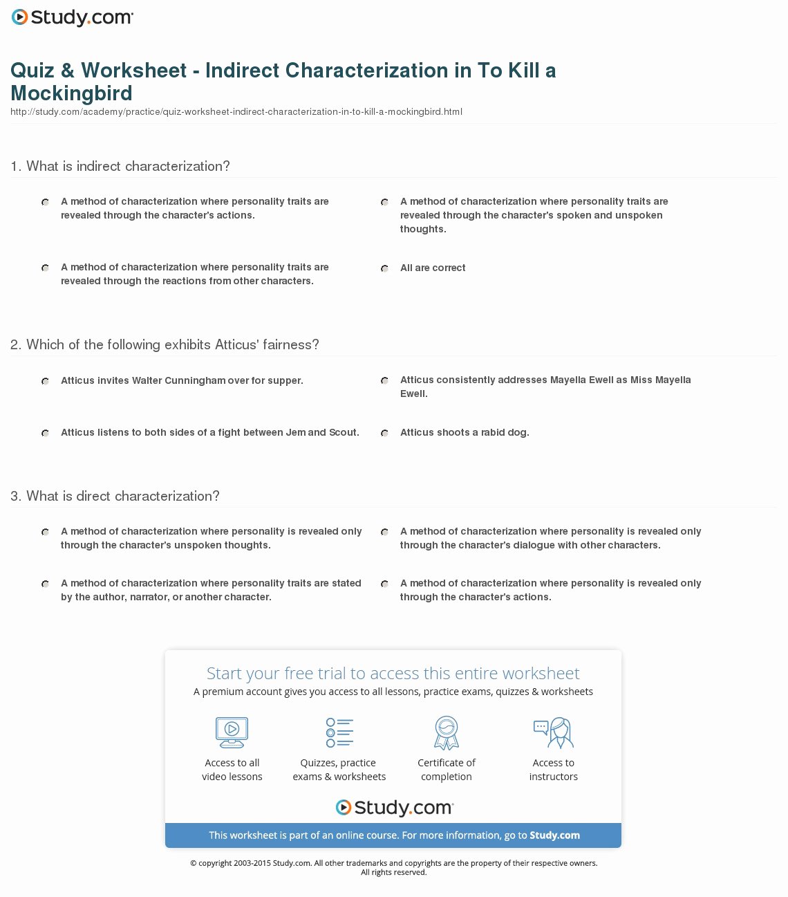 To Kill A Mockingbird Worksheet Unique Quiz &amp; Worksheet Indirect Characterization In to Kill A