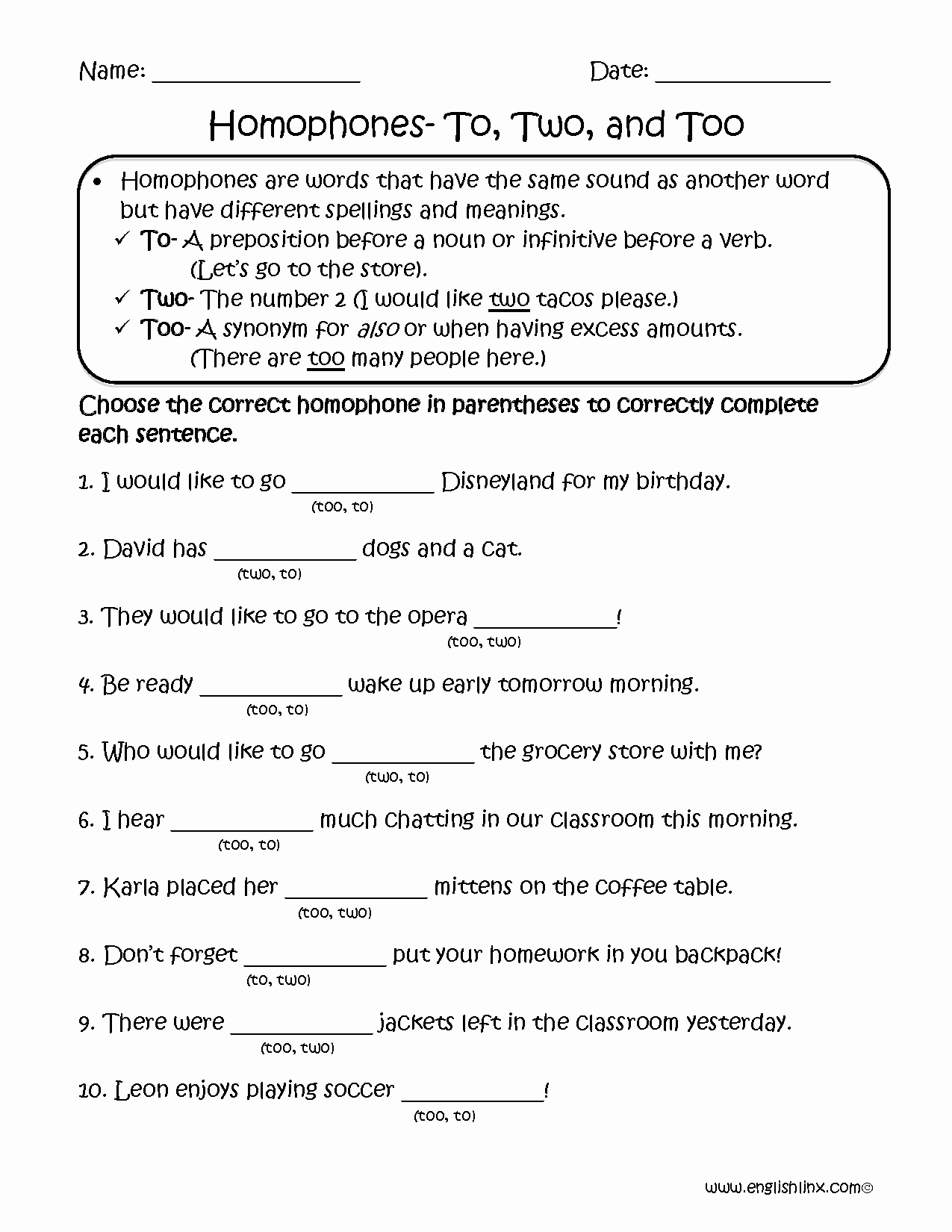 50 To Too Two Worksheet