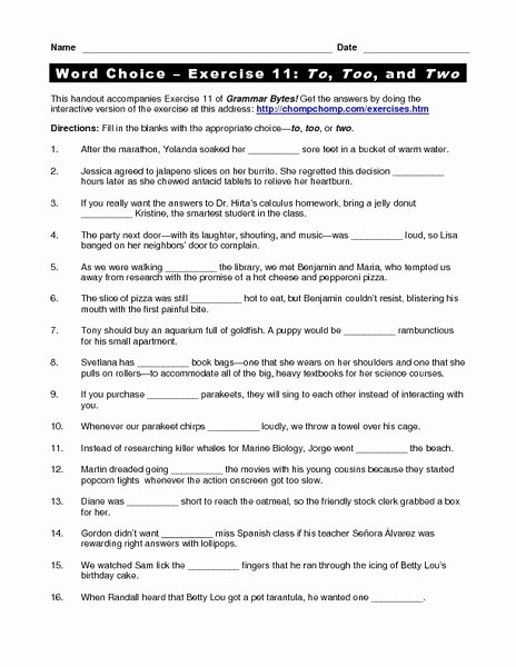 To too Two Worksheet Inspirational Word Choice to too Two Worksheet for 5th 6th Grade