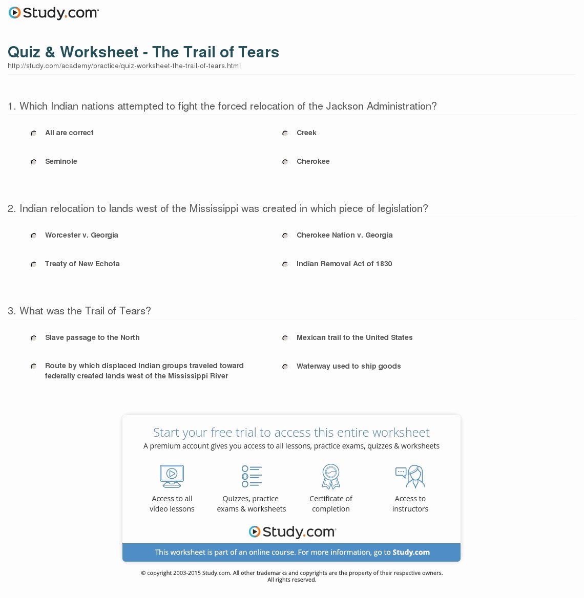 Trail Of Tears Worksheet Inspirational Quiz &amp; Worksheet the Trail Of Tears