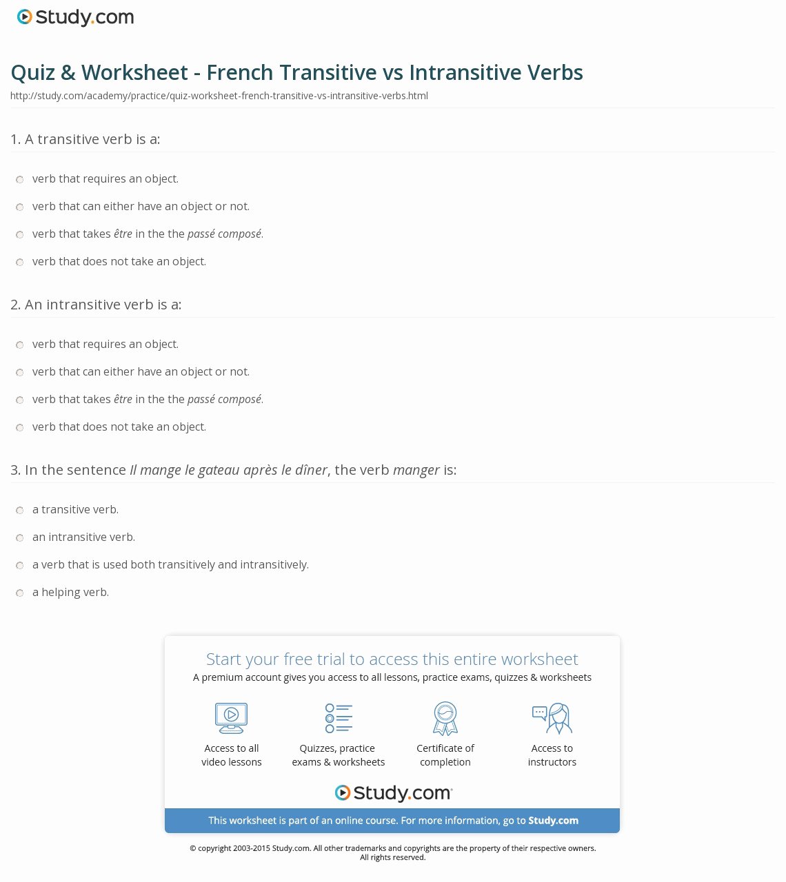 Transitive and Intransitive Verb Worksheet Best Of Quiz & Worksheet French Transitive Vs Intransitive Verbs
