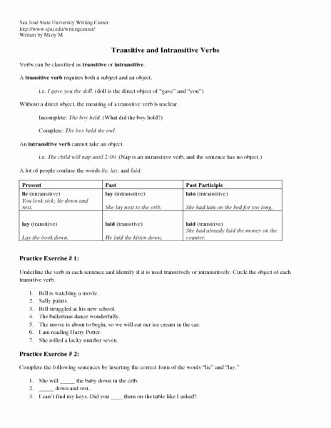 Transitive and Intransitive Verb Worksheet Luxury Transitive Verb Lesson Plans & Worksheets