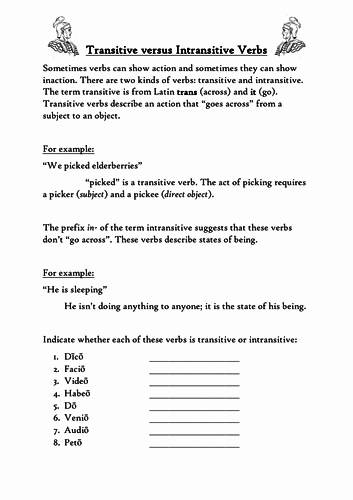 Transitive and Intransitive Verb Worksheet New Transitive and Intransitive Verbs Latin by Aliceboyd1995