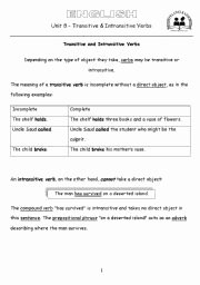 Transitive and Intransitive Verb Worksheet Unique Transitive and Intransitive Verbs Worksheets