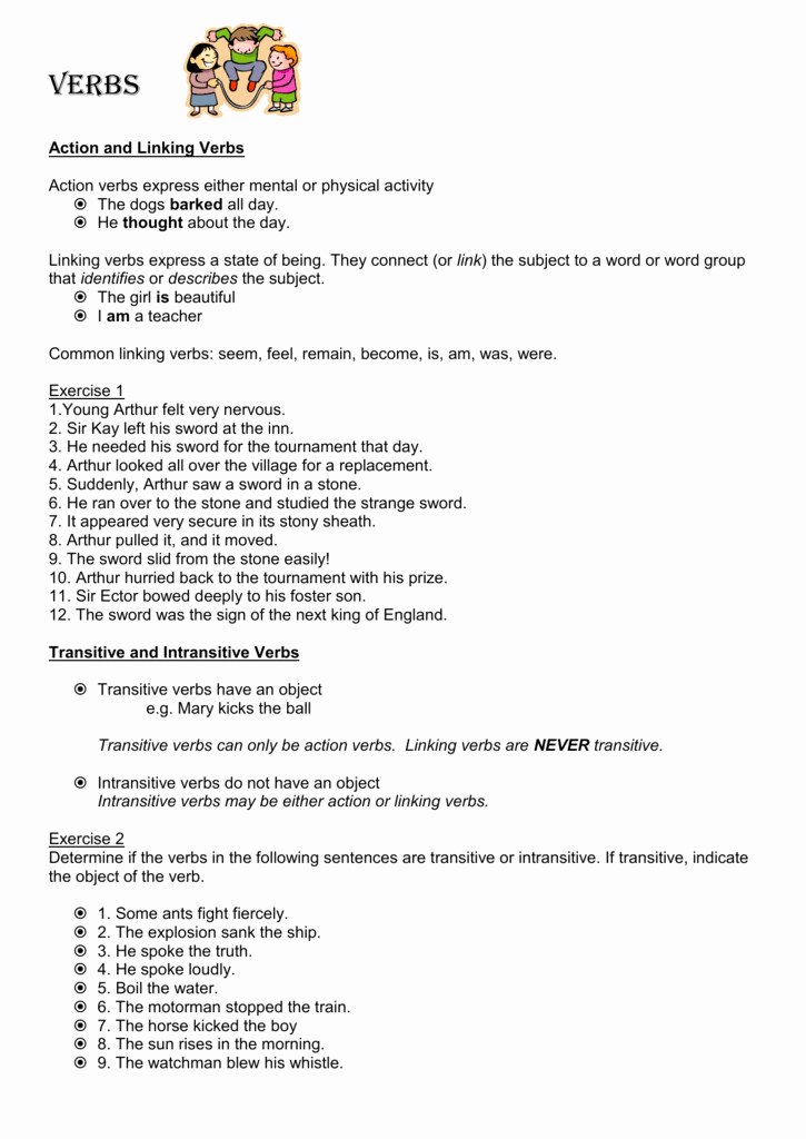 Transitive and Intransitive Verbs Worksheet Lovely Transitive and Intransitive Verbs Worksheet