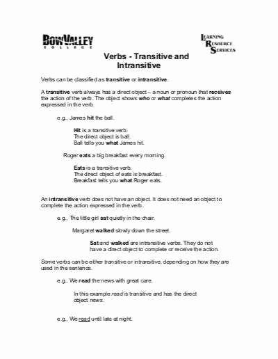 Transitive and Intransitive Verbs Worksheet Luxury Transitive and Intransitive Verbs Worksheet