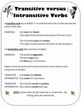 Transitive and Intransitive Verbs Worksheet Luxury Transitive Versus Intransitive Verbs by Krezzie S Corner