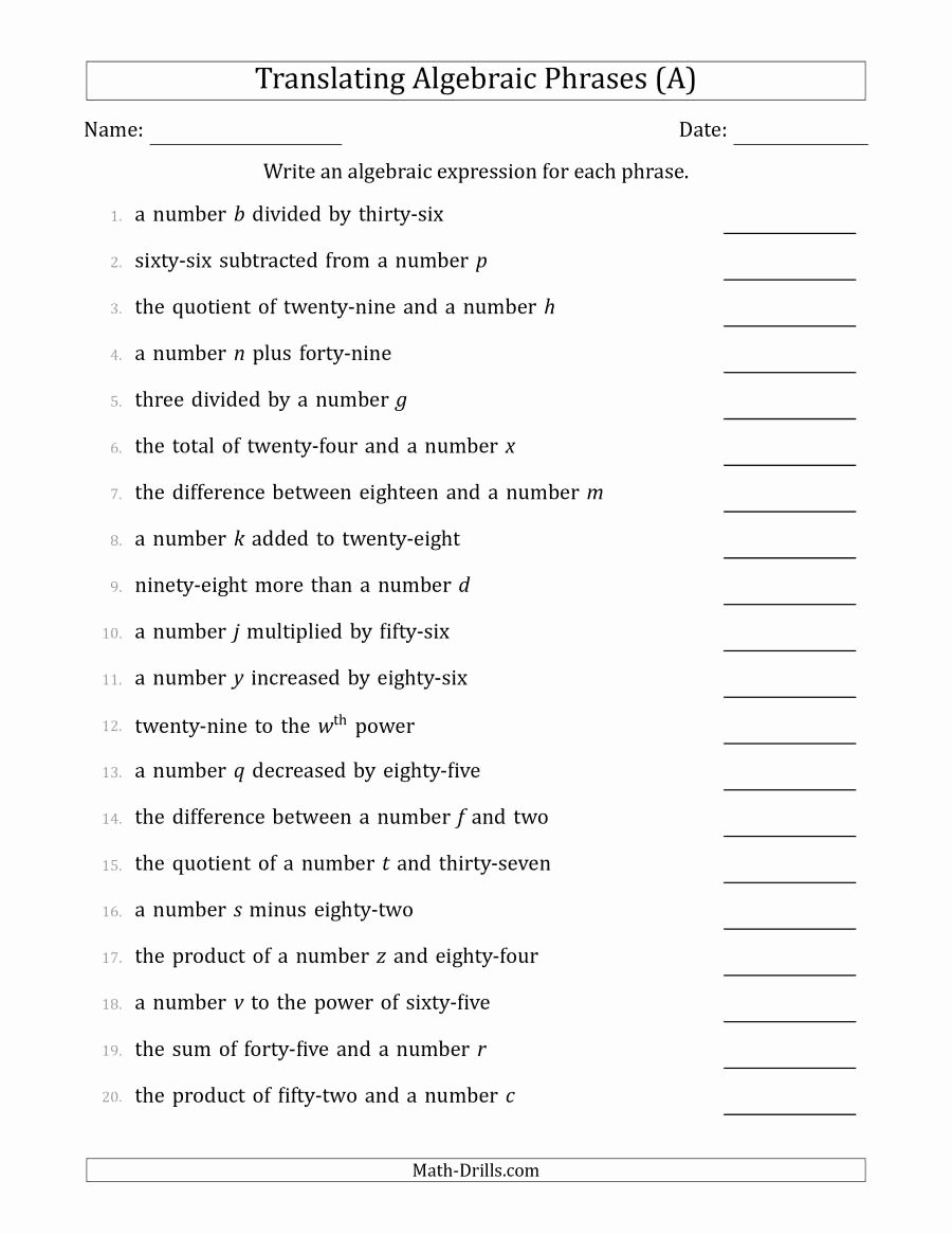 Translating Algebraic Expressions Worksheet Best Of Translating Algebraic Phrases A