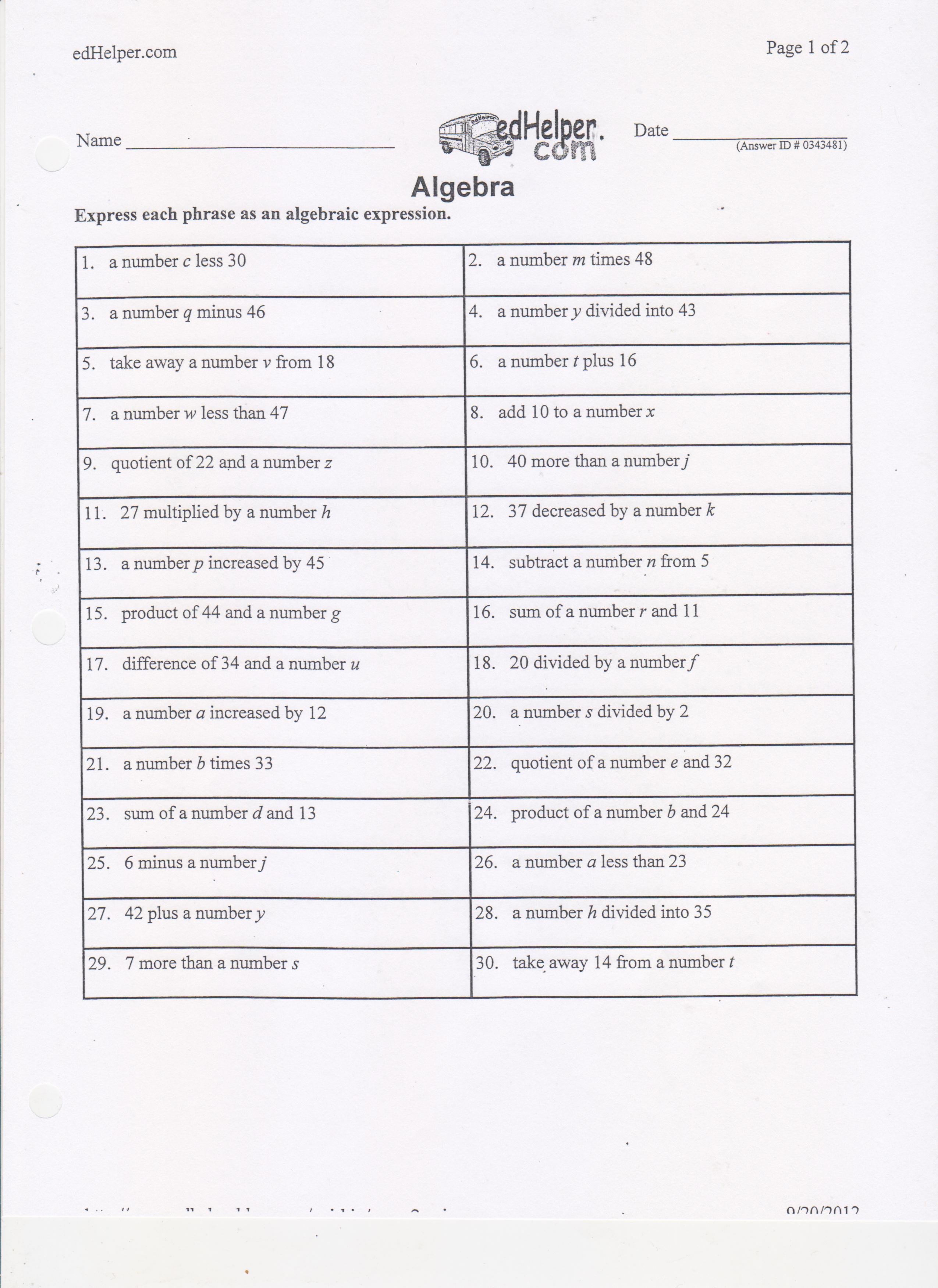 Translating Algebraic Expressions Worksheets