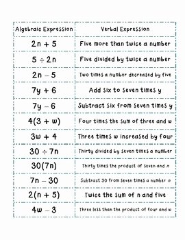 Translating Algebraic Expressions Worksheet New Translating Algebraic Expressions Matching Activity by Mrs