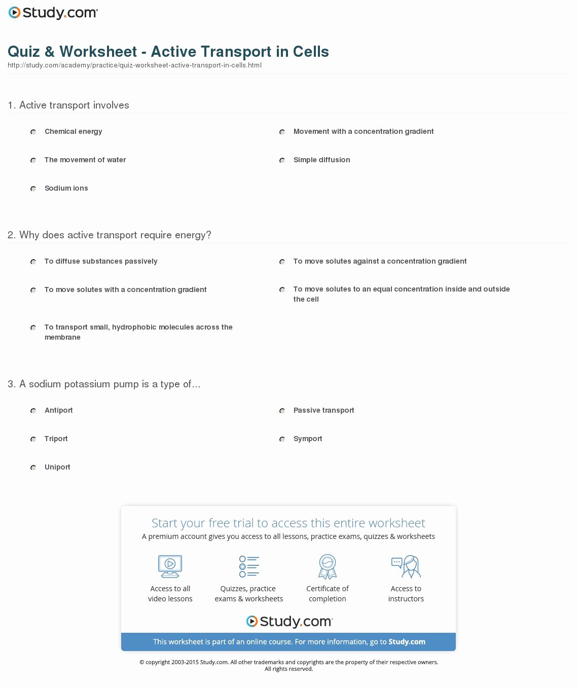Transport In Cells Worksheet Answers Awesome Quiz &amp; Worksheet Active Transport In Cells