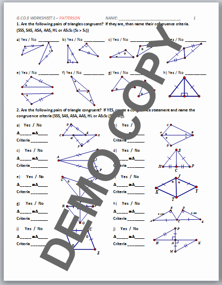 Triangle Congruence Worksheet Answer Key Lovely High School Geometry Mon Core G Co B 8 Congruence