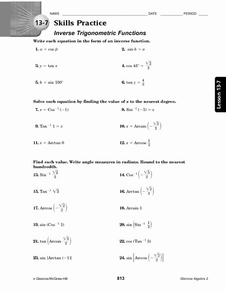 Trig Identities Worksheet with Answers Inspirational 13 7 Skills Practice Inverse Trigonometric Functions
