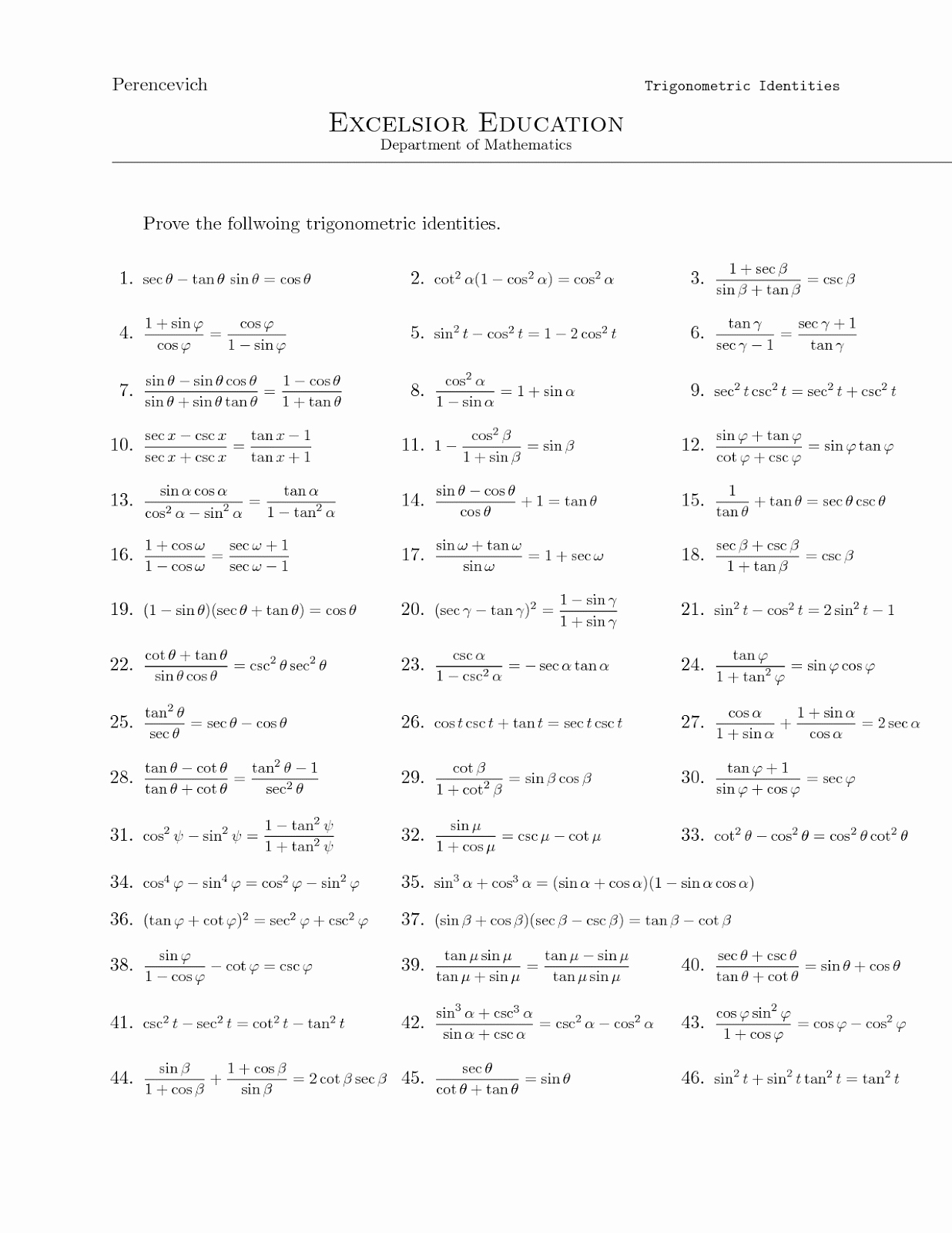 Trig Identities Worksheet with Answers Inspirational Trig Identities Worksheet