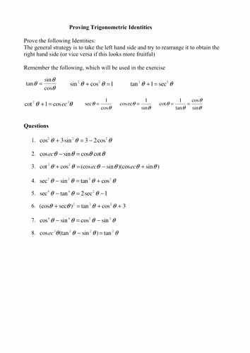 Trig Identities Worksheet with Answers New A Levels Maths Proving Trigonometric Identities by Phildb