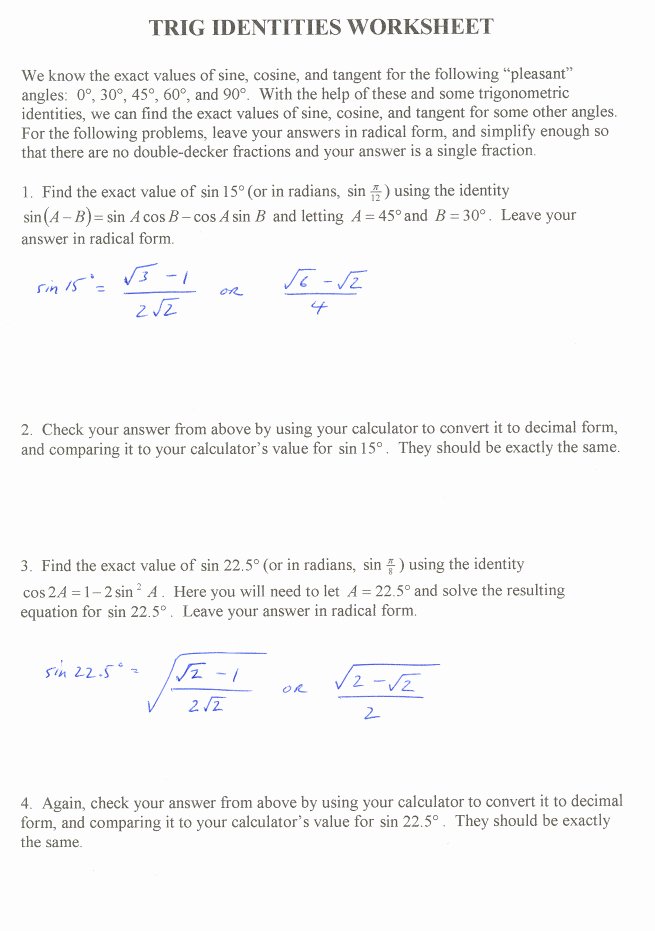 Trig Identities Worksheet with Answers Unique Trig Identities Worksheet