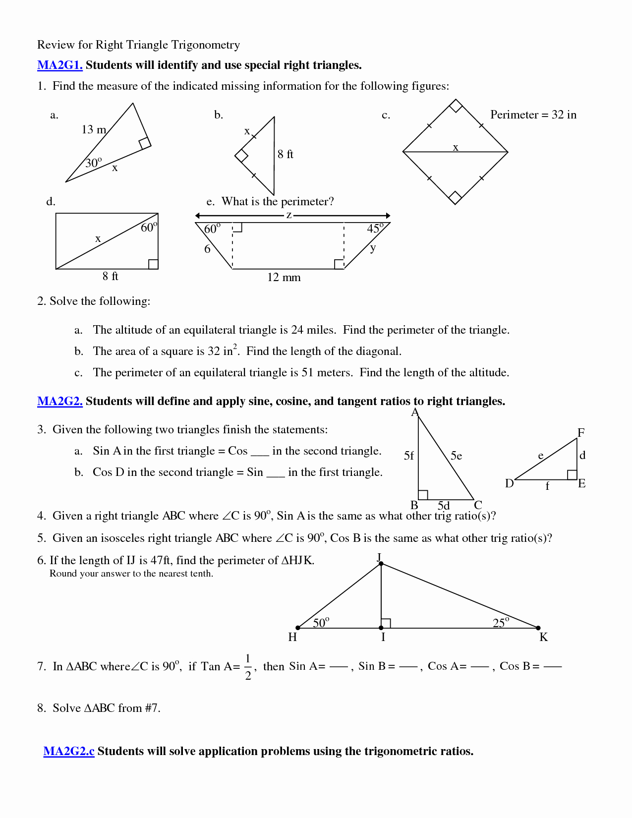 Trig Word Problems Worksheet Answers