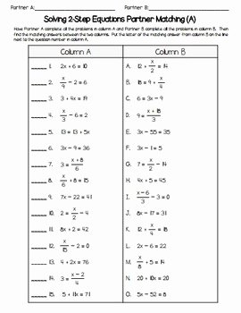Two Step Equation Worksheet Elegant solving 2 Step Equations Partner Matching Activity