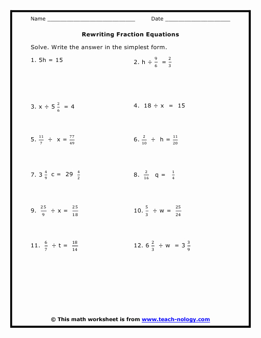 Two Step Equations Worksheet Awesome Rewriting Fraction Equations