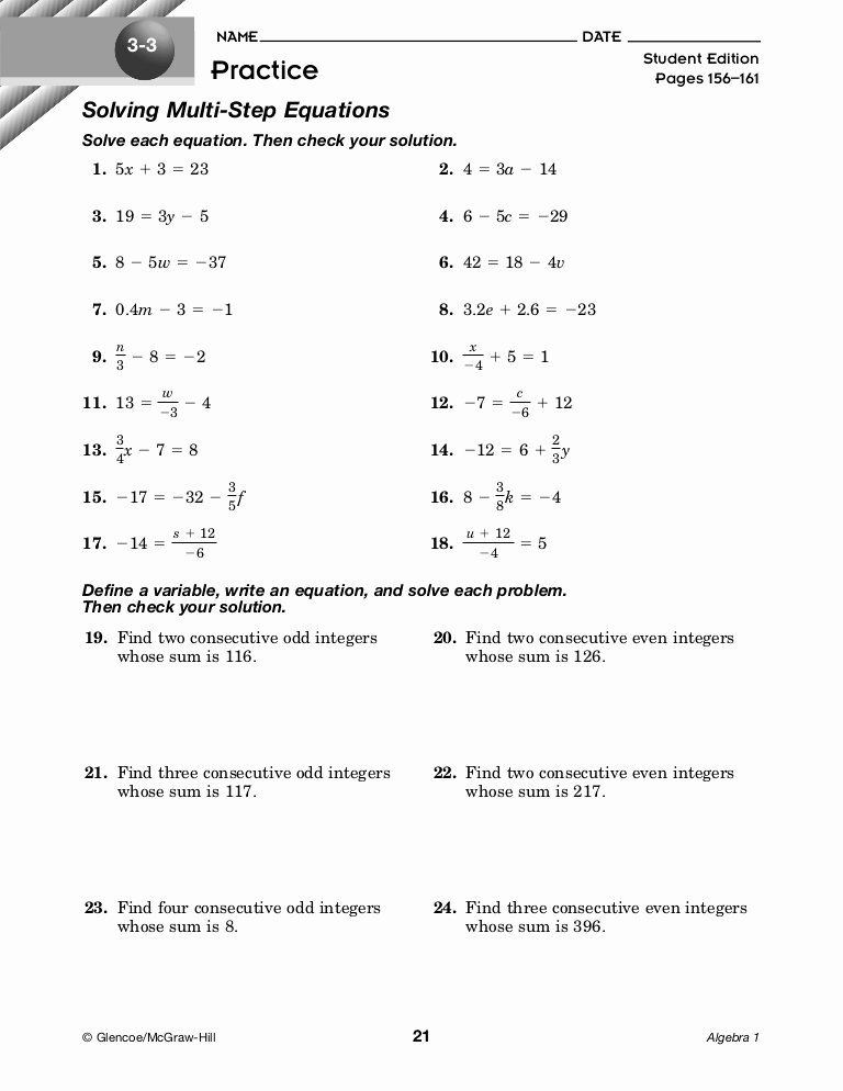 Two Step Equations Worksheet New 2 2 1 solving Multi Step Equations Hw