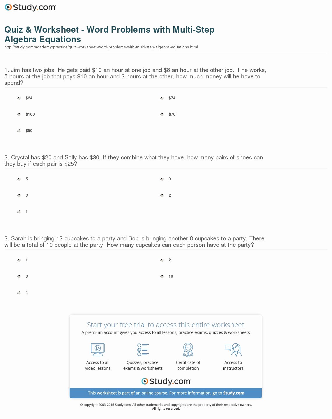 Two Step Word Problems Worksheet Beautiful Quiz &amp; Worksheet Word Problems with Multi Step Algebra