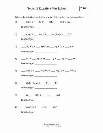 Types Of Chemical Reactions Worksheet Best Of Six Types Chemical Reaction Worksheet