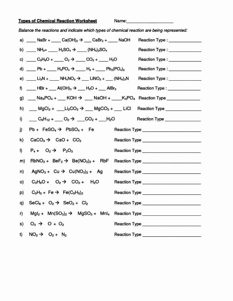 Types Of Chemical Reactions Worksheet Inspirational Reaction Types Worksheet
