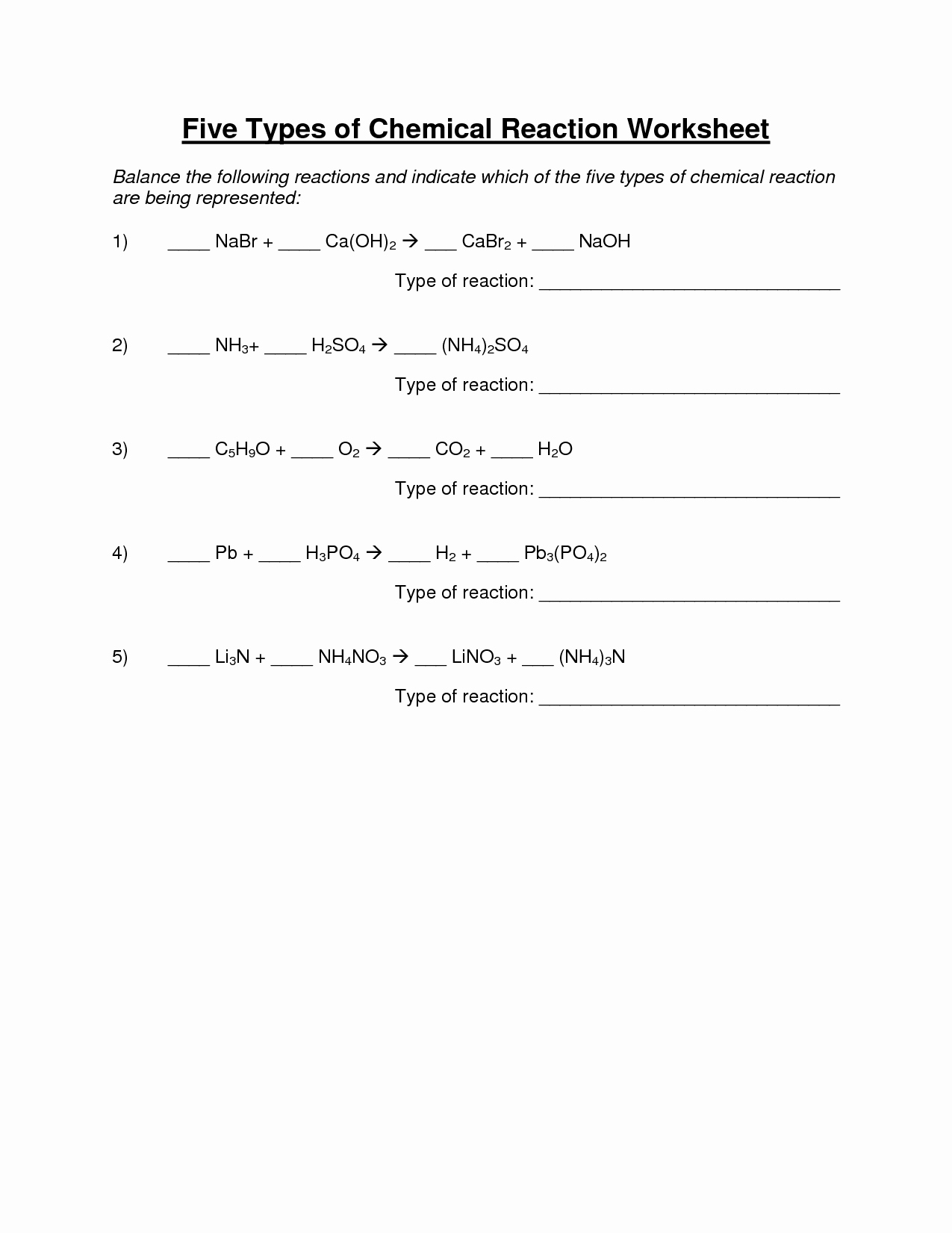 47 Types Of Chemical Reactions Worksheet