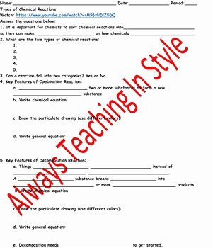 Types Of Chemical Reactions Worksheet Lovely Types Of Chemical Reactions Video Worksheet by Always