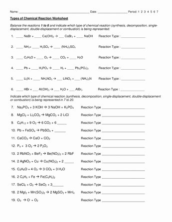 Types Of Chemical Reactions Worksheet Unique Types Reactions Worksheet