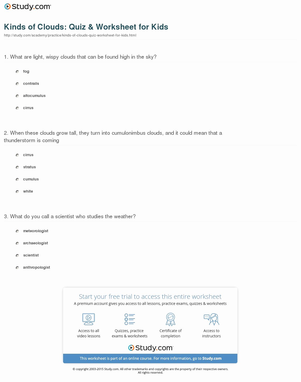 Types Of Clouds Worksheet Elegant Kinds Of Clouds Quiz &amp; Worksheet for Kids
