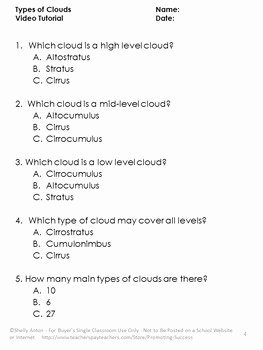 FREE Types of Clouds Worksheet and Video Types of Clouds Activities 4th Grade