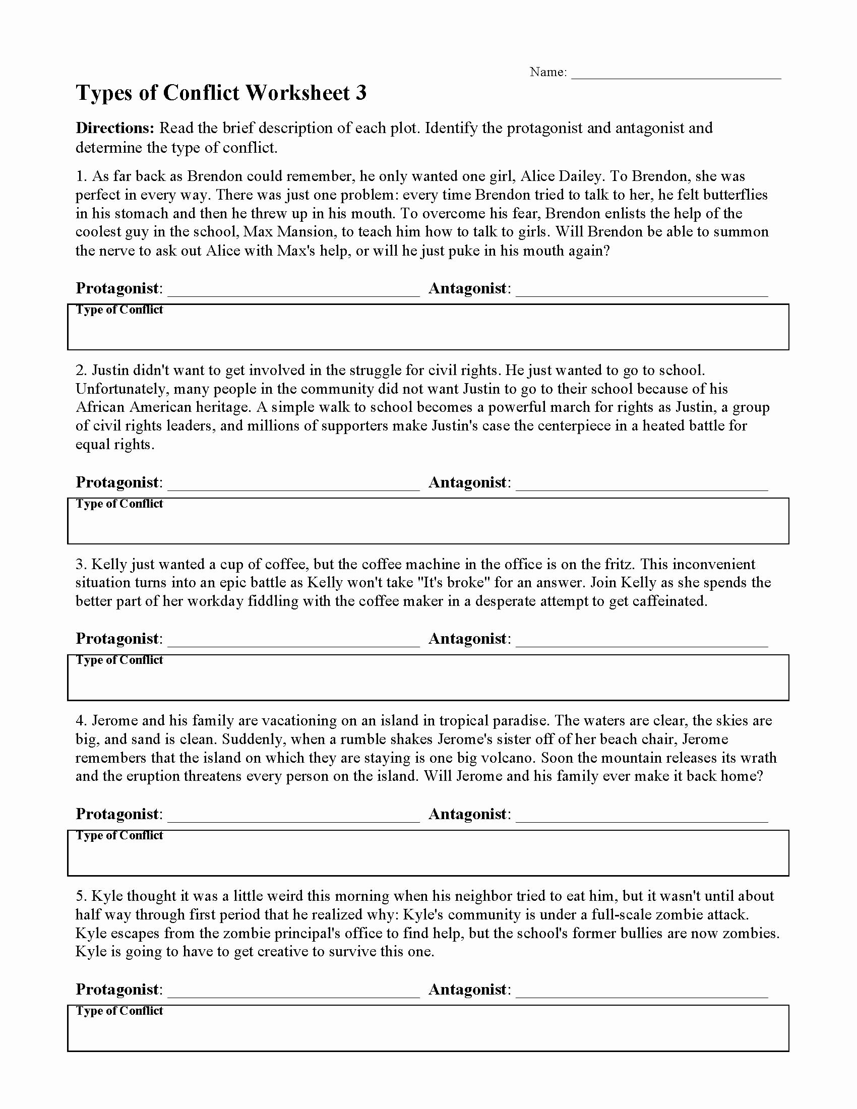 Types Of Conflict Worksheet Inspirational Types Of Conflict Worksheet 3