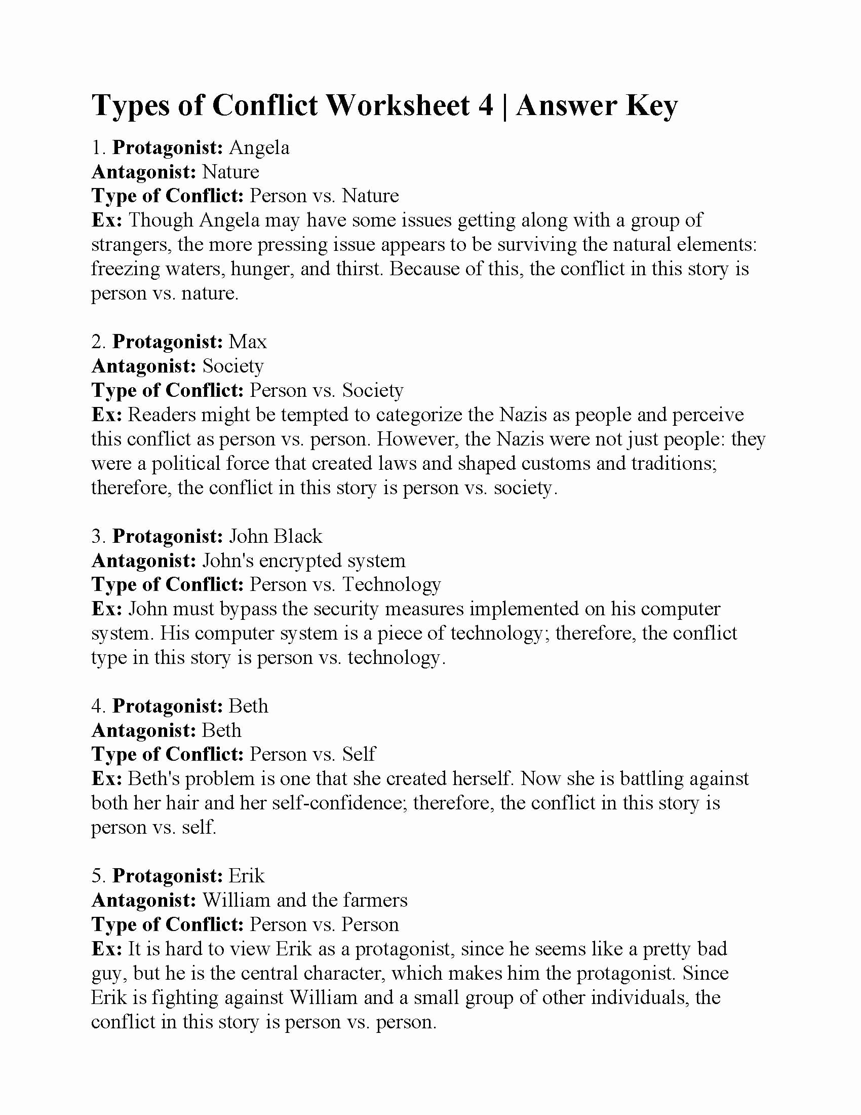 Types Of Conflict Worksheet Lovely This is the Answer Key for the Types Of Conflict Worksheet