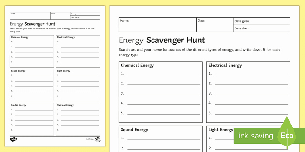 Types Of Energy Worksheet Beautiful Energy Scavenger Hunt Homework Activity Sheet Homework