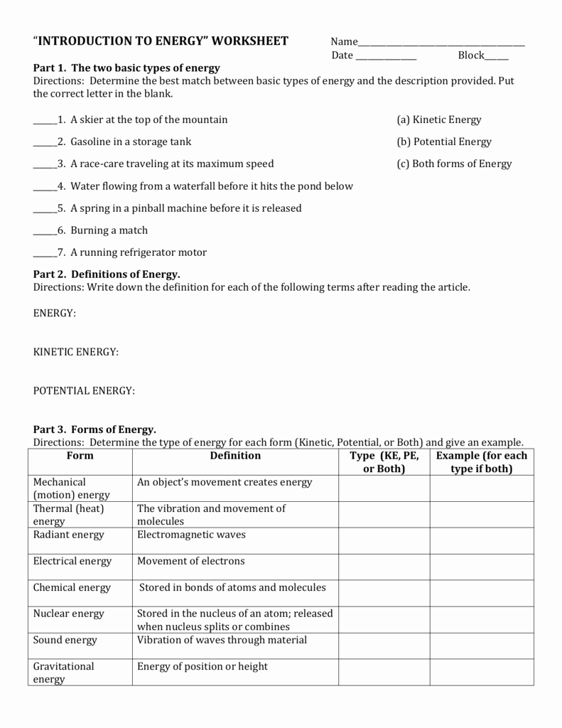 Types Of Energy Worksheet Elegant Introduction to Energy Worksheet