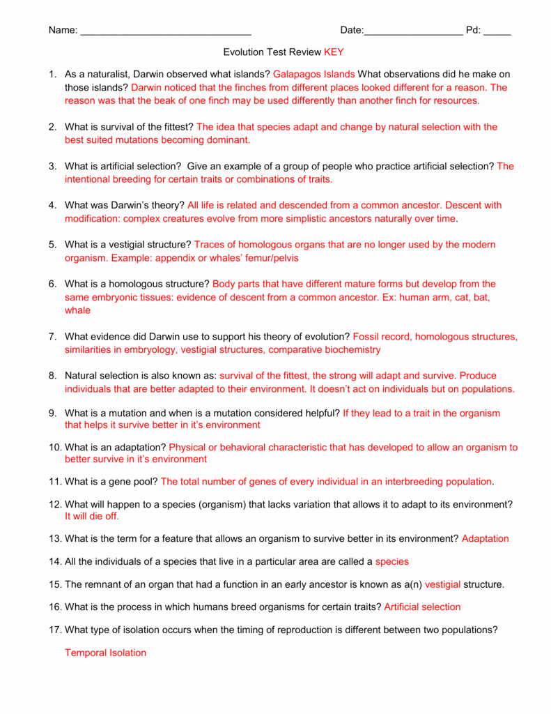 Types Of Evolution Worksheet New Evolution Classification Test Review