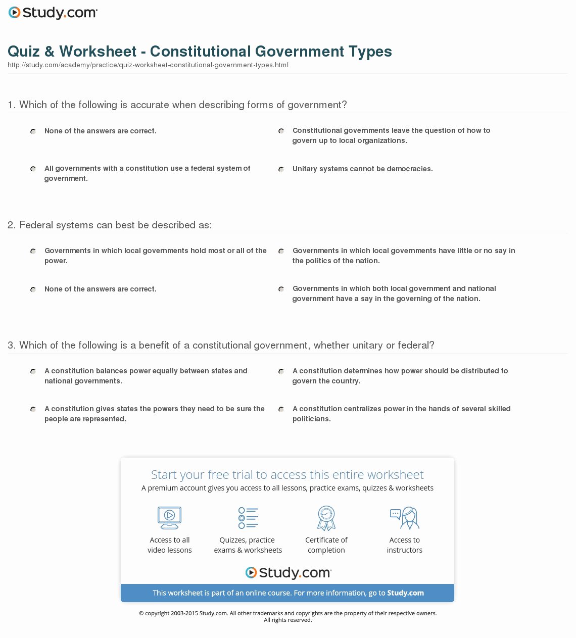 Types Of Government Worksheet Answers Luxury Quiz &amp; Worksheet Constitutional Government Types