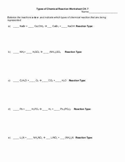 Types Of Reactions Worksheet Answers Inspirational Types Chemical Reactions Worksheet Answers