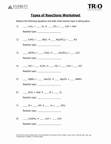 Types Of Reactions Worksheet Answers Unique Six Types Of Chemical Reaction Worksheet