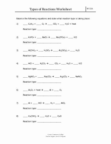 Types Of Reactions Worksheet Awesome Six Types Of Chemical Reaction Worksheet Types Of