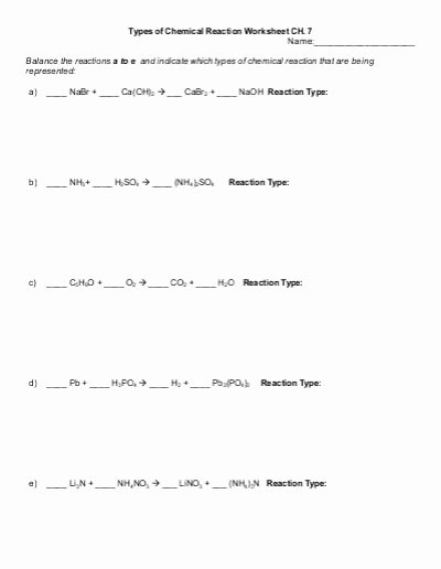 Types Of Reactions Worksheet Elegant Types Of Chemical Reaction Worksheet Ch 7 Name Balance
