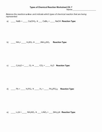 Types Of Reactions Worksheet Fresh Six Types Of Chemical Reaction Worksheet