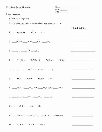 Types Of Reactions Worksheet Luxury Six Types Of Chemical Reaction Worksheet