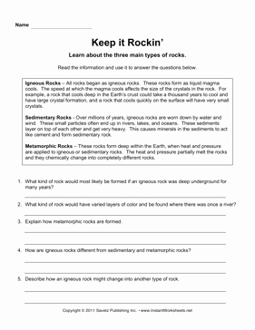Types Of Rock Worksheet Unique Rock Types Prehension