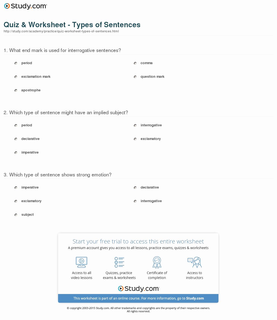 Types Of Sentences Worksheet Fresh Quiz &amp; Worksheet Types Of Sentences