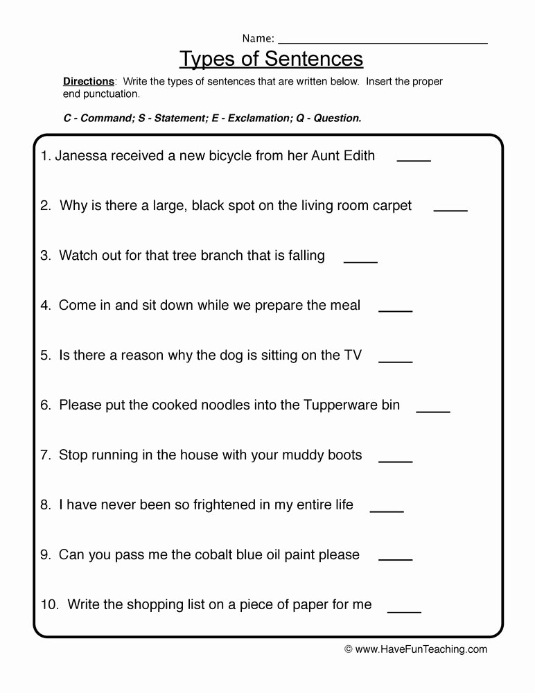types sentences worksheet 1
